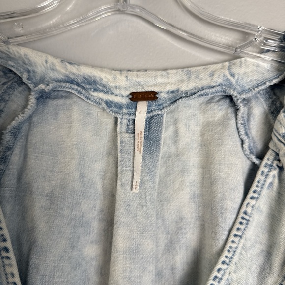 Free People Light Wash Denim Smocked Waist Blouse - Picture 2 of 4